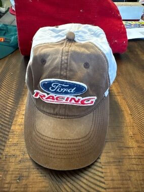 Vintage Ford Racing Hat Cap Brown Beige Embroidered Logo Distressed Adjustable
